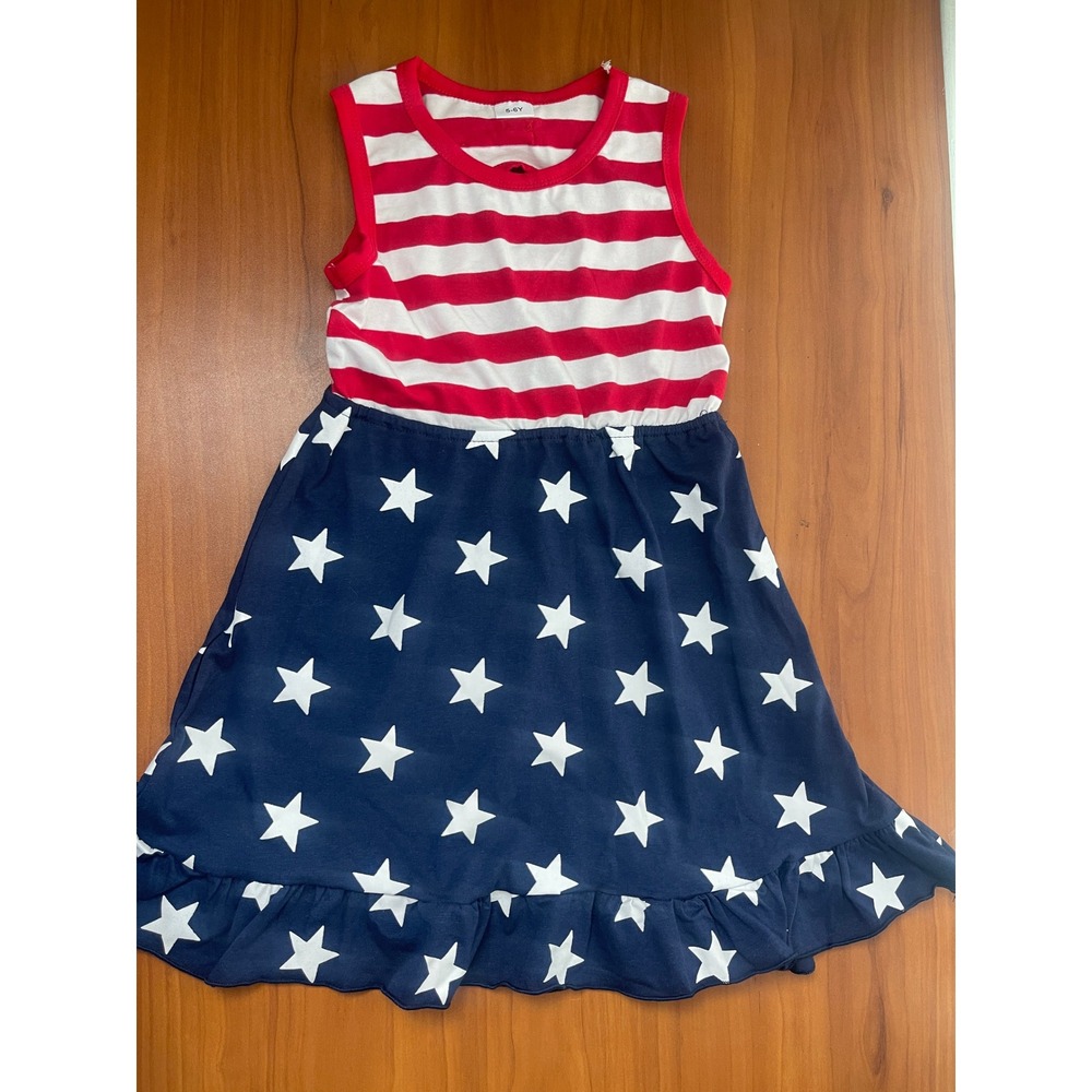 Girls Patriotic USA Stars and Stripes‎ Bow Back Dress Red White Blue 5-6Y
